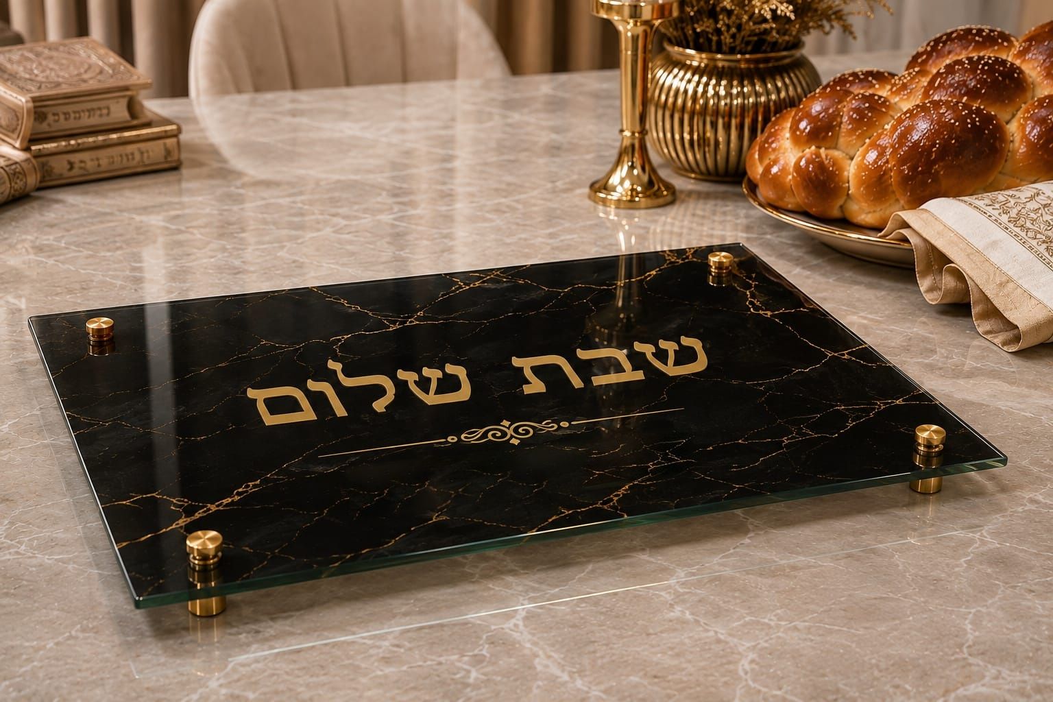 מגש חלות מעוצב – שיש שחור זהב