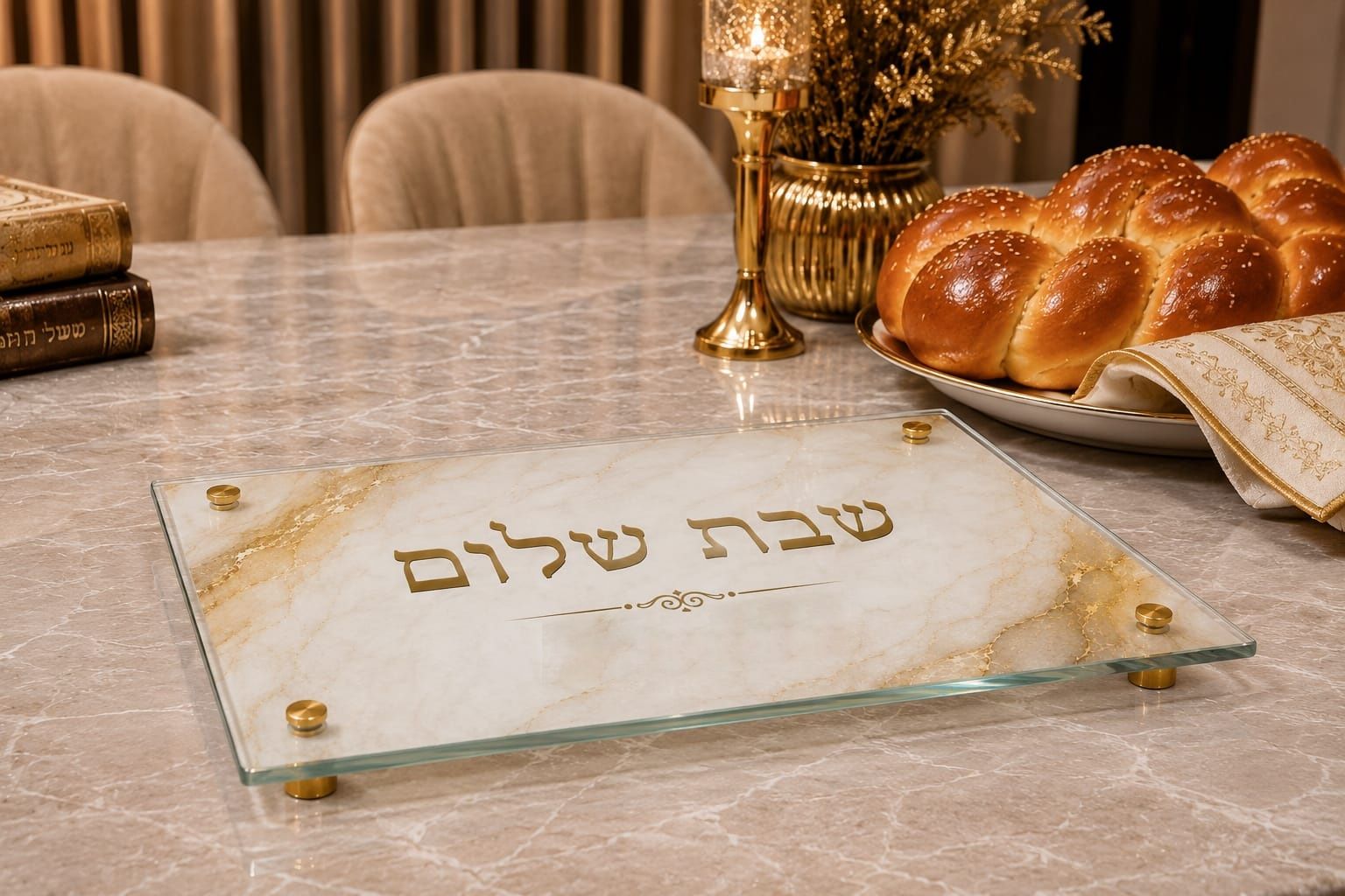 מגש חלות מעוצב – שיש קרם זהב