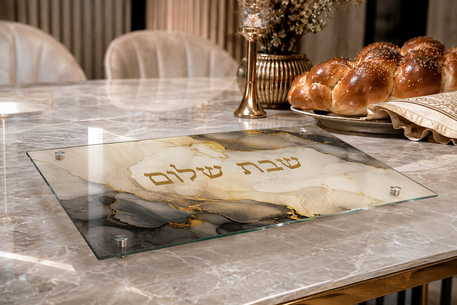 מגש חלות מעוצב – שיש אפור זהב