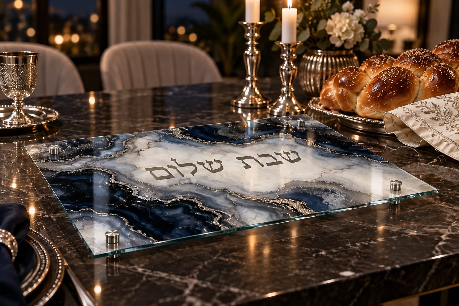 מגש חלות מעוצב – אגט כחול כסף