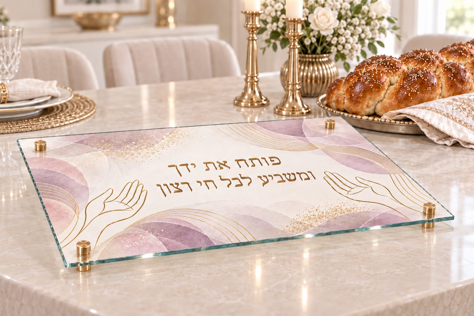 מגש חלות מעוצב – פותח את ידך – סגול לילך