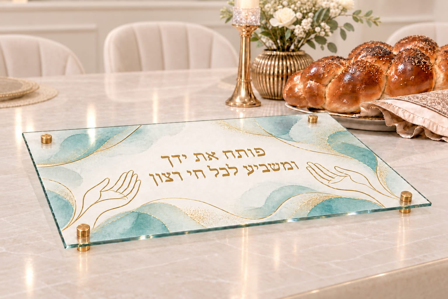 מגש חלות מעוצב – פותח את ידך – טורקיז