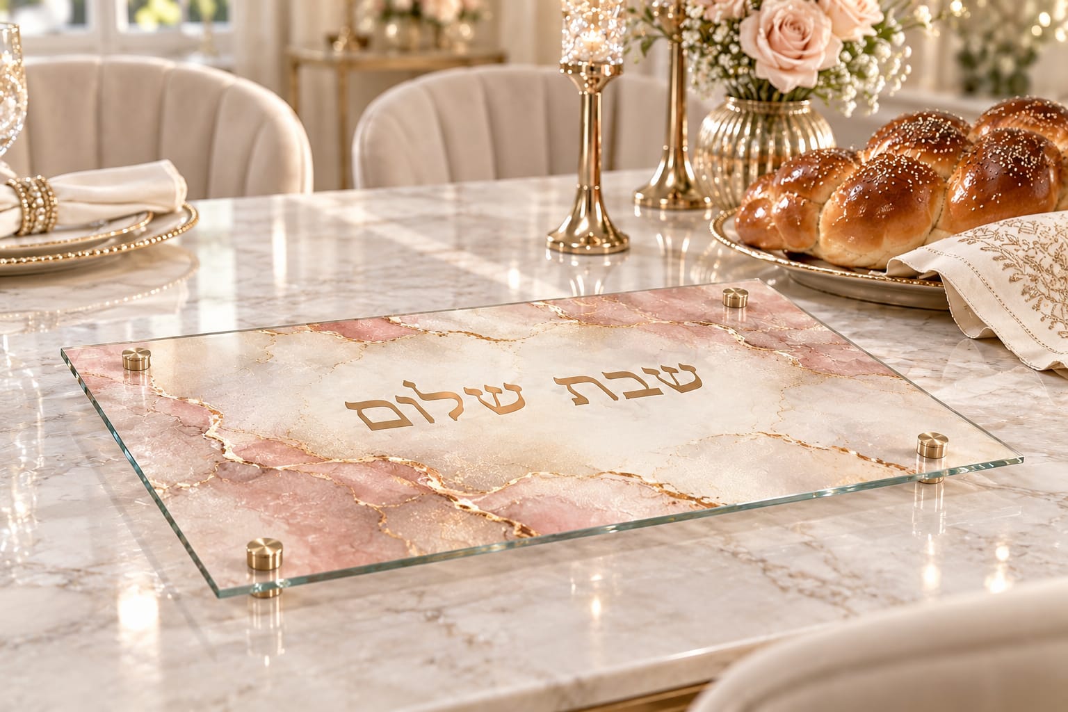 מגש חלות מעוצב – שיש ורוד זהב