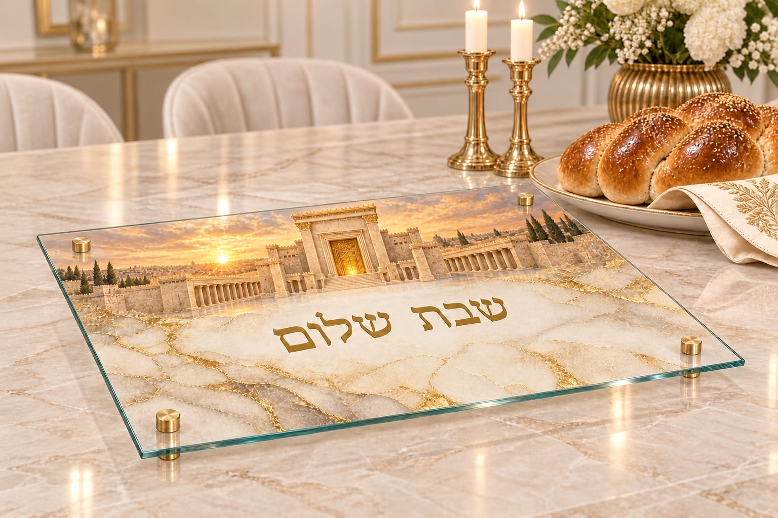מגש חלות מעוצב – בית המקדש – שיש זהב
