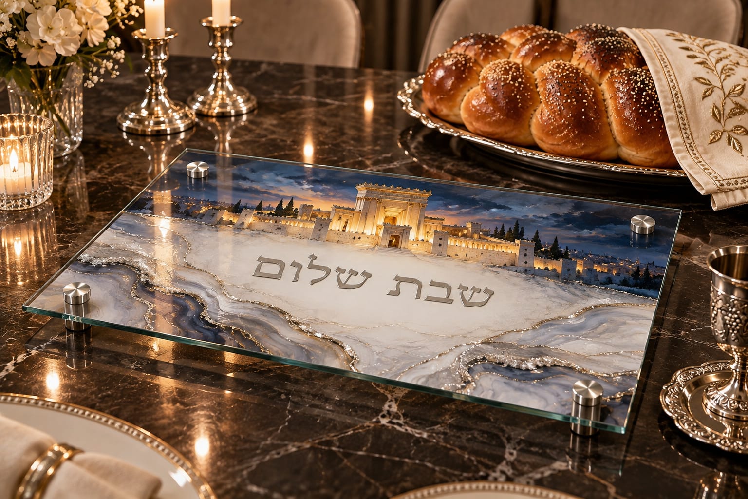 מגש חלות מעוצב – בית המקדש – אגט כחול כסף