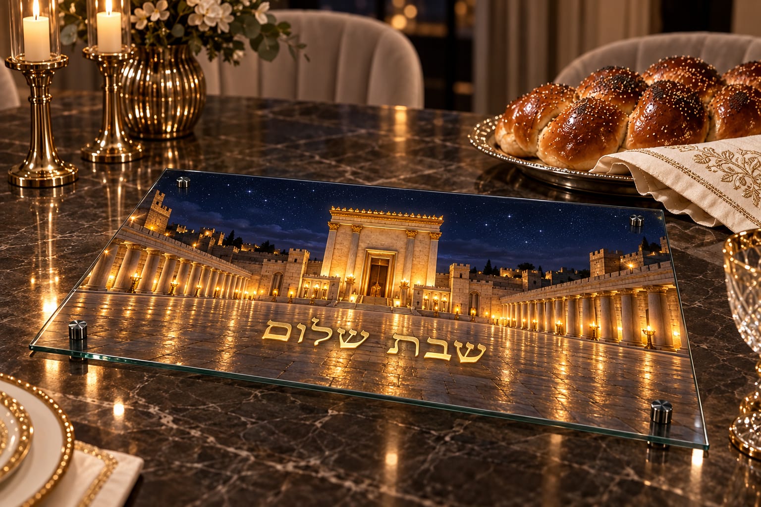 מגש חלות מעוצב – בית המקדש בלילה