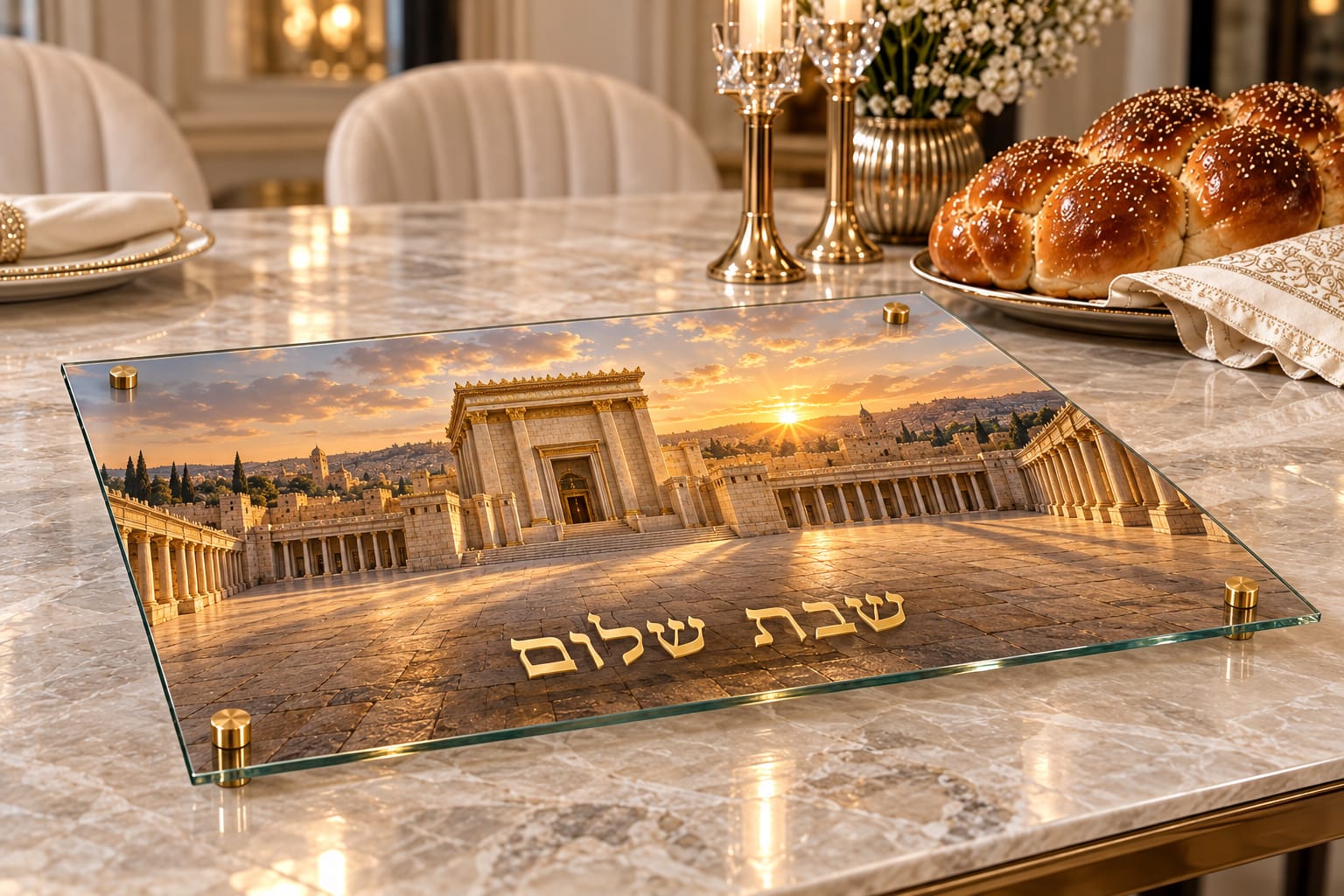 מגש חלות מעוצב – בית המקדש בשקיעה