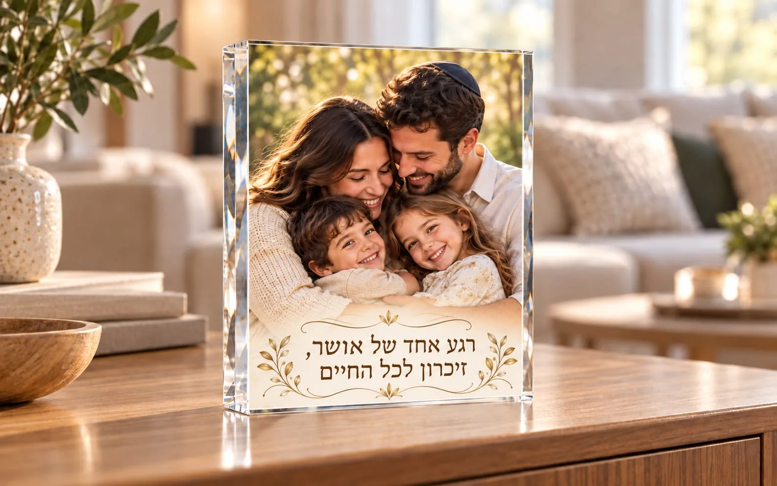 בלוק אקרילי עומד עם הדפס של תמונה משפחתית והקדשה, על שידת עץ בסלון