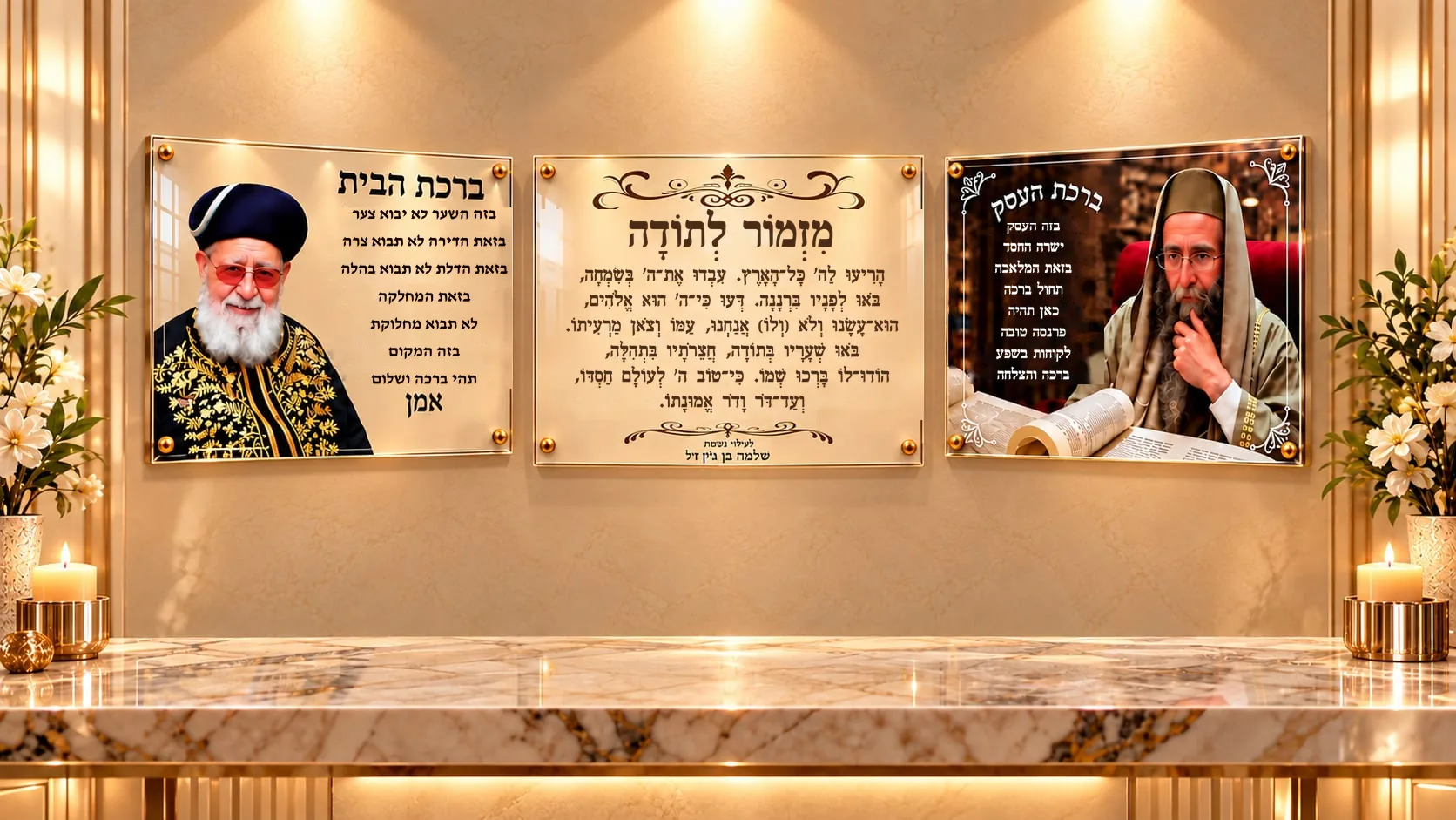שלוש תמונות קודש על זכוכית: ברכת הבית, מזמור לתודה וברכת העסק, תלויות על קיר