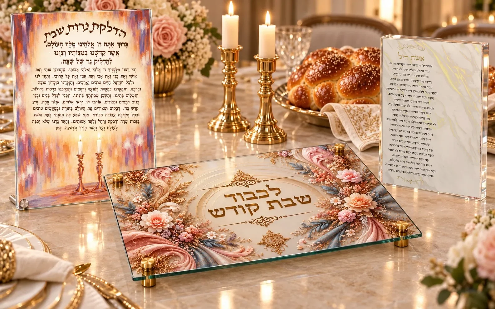 יודאיקה על זכוכית: לוח הדלקת נרות, מגש חלות ובלוק אשת חיל על שולחן שבת