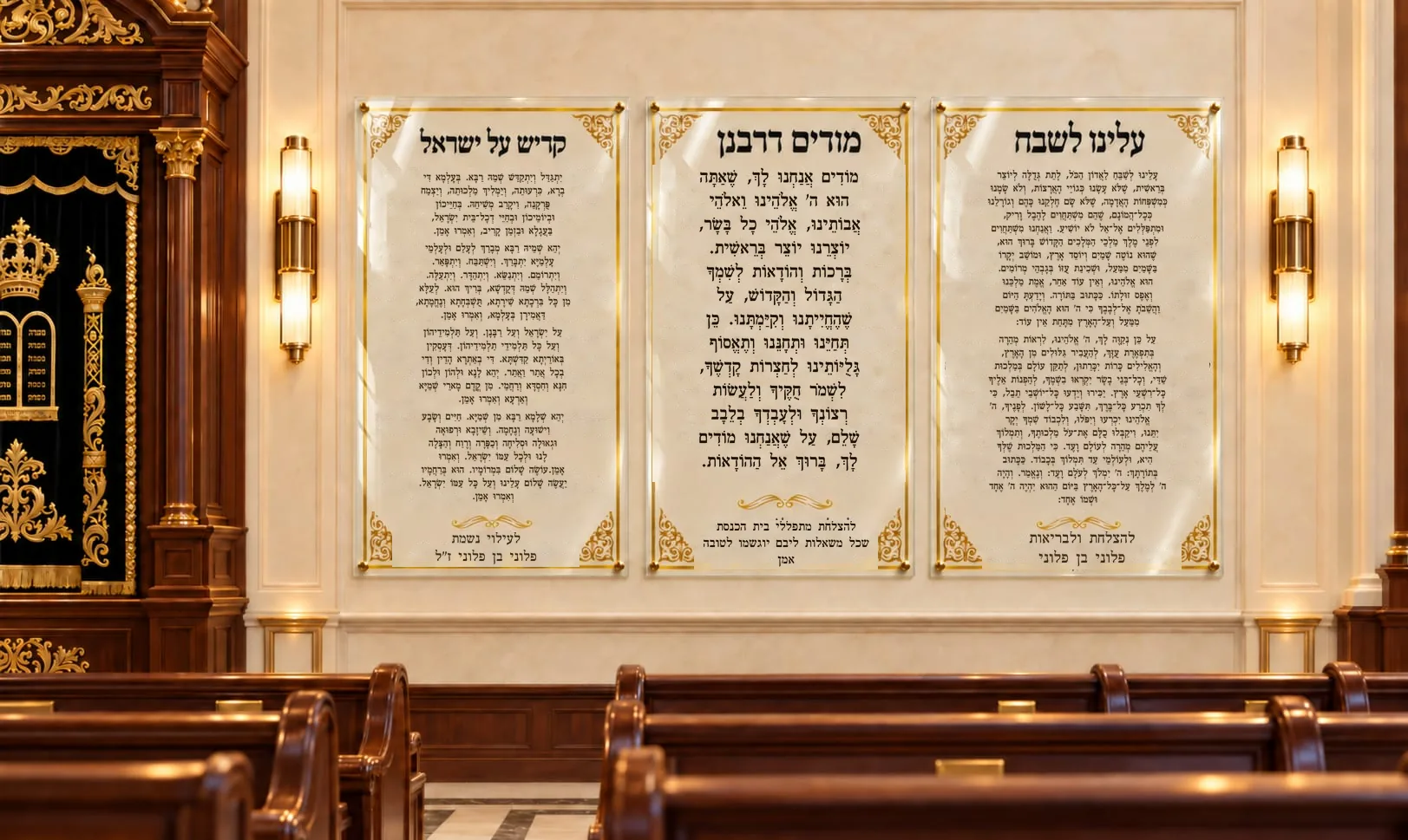 תמונות זכוכית בבית כנסת: קדיש על ישראל, מודים דרבנן ועלינו לשבח, תלויות על קיר